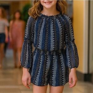 Girls Blue/White/Black Floral Printed Long Sleeves Romper